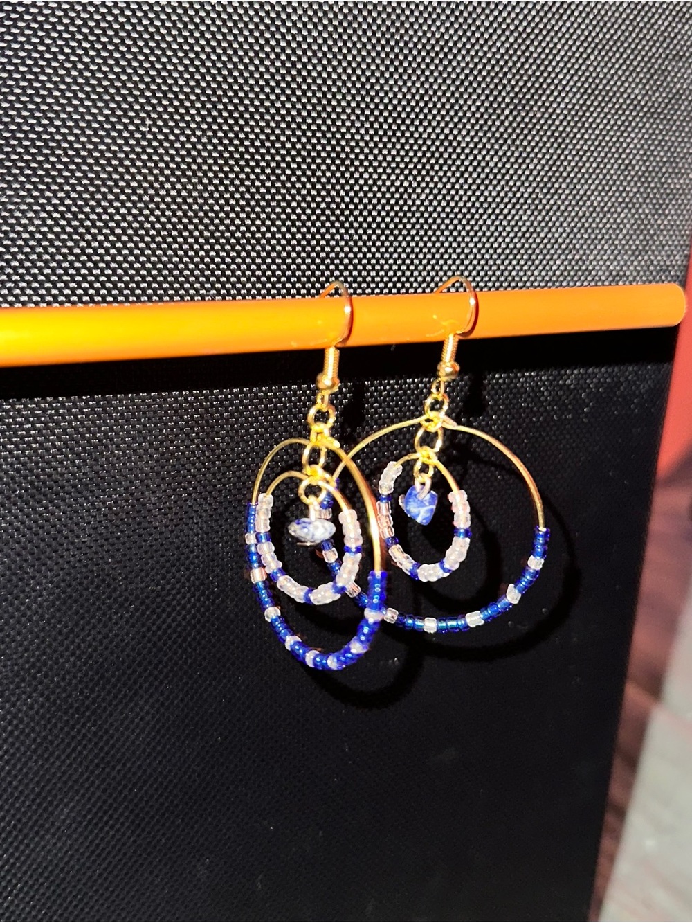 Gold Hoop Earrings with Blue Bead Accents